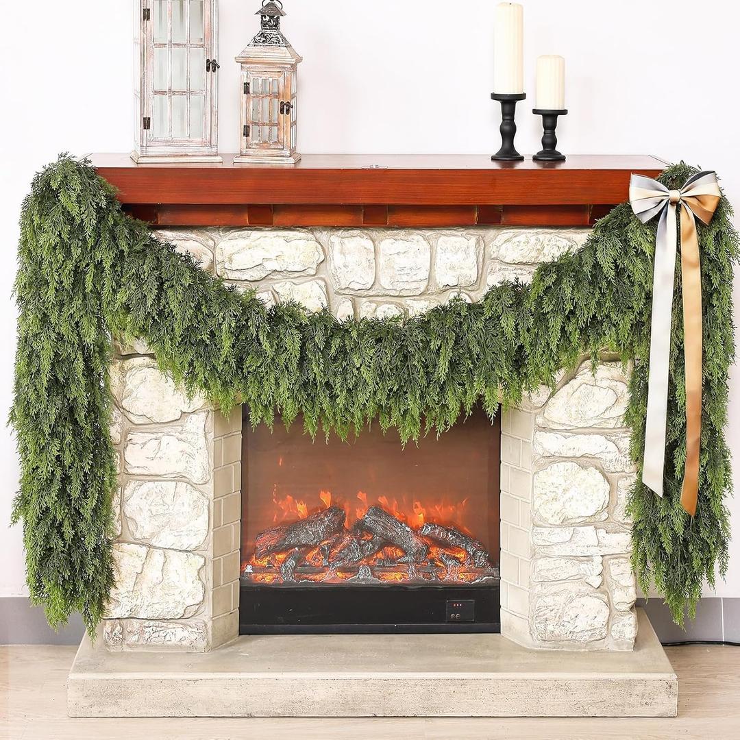 Real Touch Cedar Garland - Artificial Christmas Garlands Faux Green Cedar Fake Pine Needles Garland for Fireplace,Table, Stairs, Mantle, Window,Indoor Outdoor,Home,Holiday Decor(2 PCS,9 FT)
