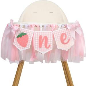 Pink Strawberry One High Chair Banner - Little Princess Sweet 1st Birthday Decorations,Berry Sweet Pink Ribbon Banner,First Strawberry Birthday Highchair Garland,Berry Party Photo Backdrops