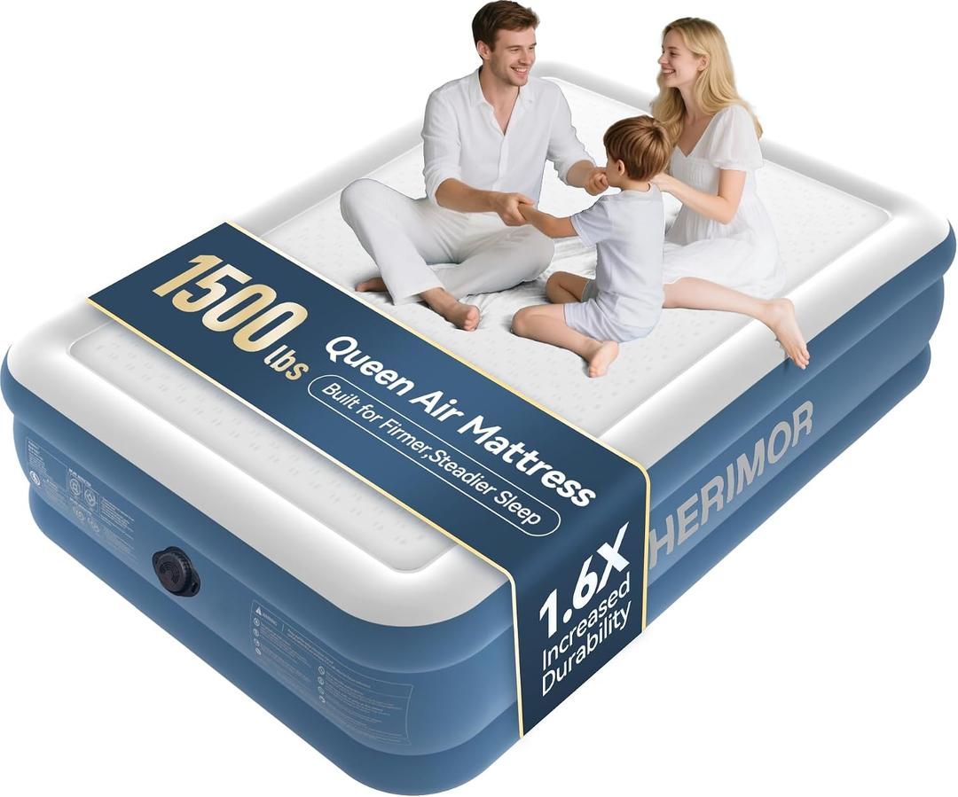 CHERIMOR Queen Air Mattress with Built-in Pump, 1500 lbs Heavy Duty Support, Firm Support Inflatable Mattress, 16" Raised Blow Up Bed, Fast 3 Minute Inflation, Portable Airbed for Home Guests Camping