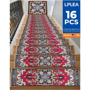 Non-Slip Stair Tread Set for Wood Steps 16PCS - 15PCS 8"X 30" + 1PCS 30"X 30" Washable Stain Resistant Stair Carpet, Indoor Safety Stair Mat for Elderly, Dogs & Pets