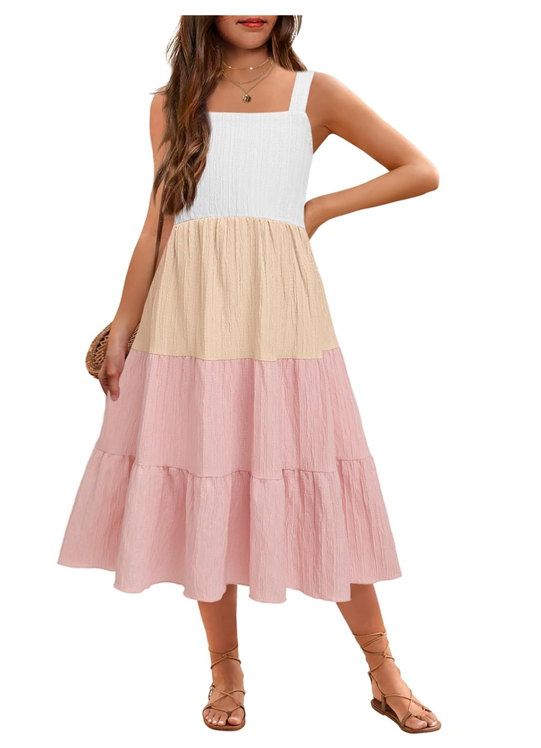 Arshiner Girl's Sundresses Summer Boho Strap Tiered Cami Maxi Dresses with Pockets Size 8