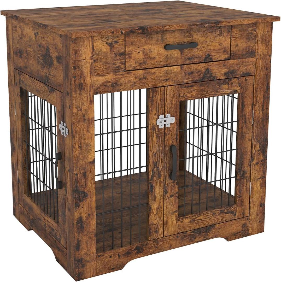Rovibek Waterproof Dog Crate Furniture with Storage, Brown, Heavy Duty Metal Mesh and Wooden Countertop
