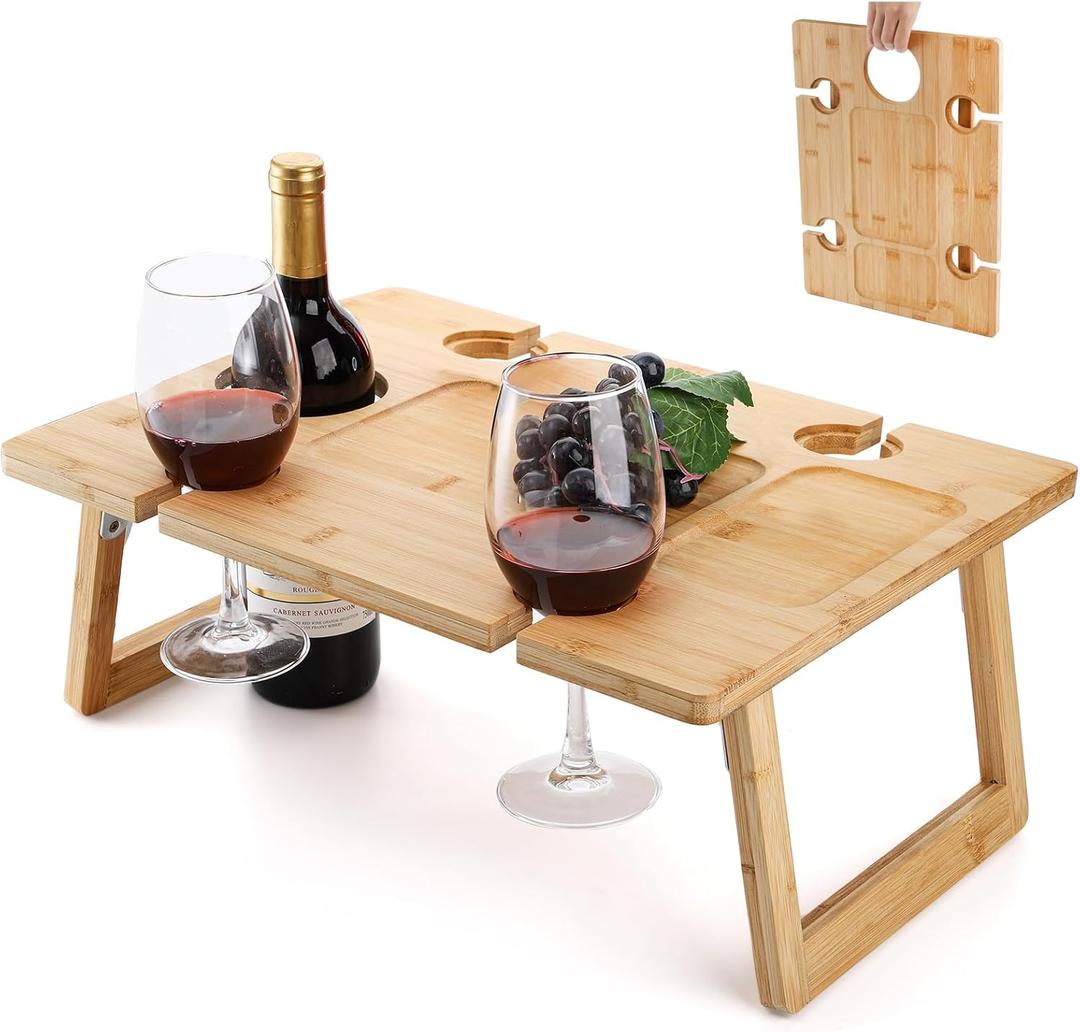 Peohud Portable Wine Picnic Table, Foldable Champagne Picnic Snack Table Tray, Wooden Outdoor Picnic Table with Glass Holder for Park, Beach, Camping, Bed, Wine Lover Gift