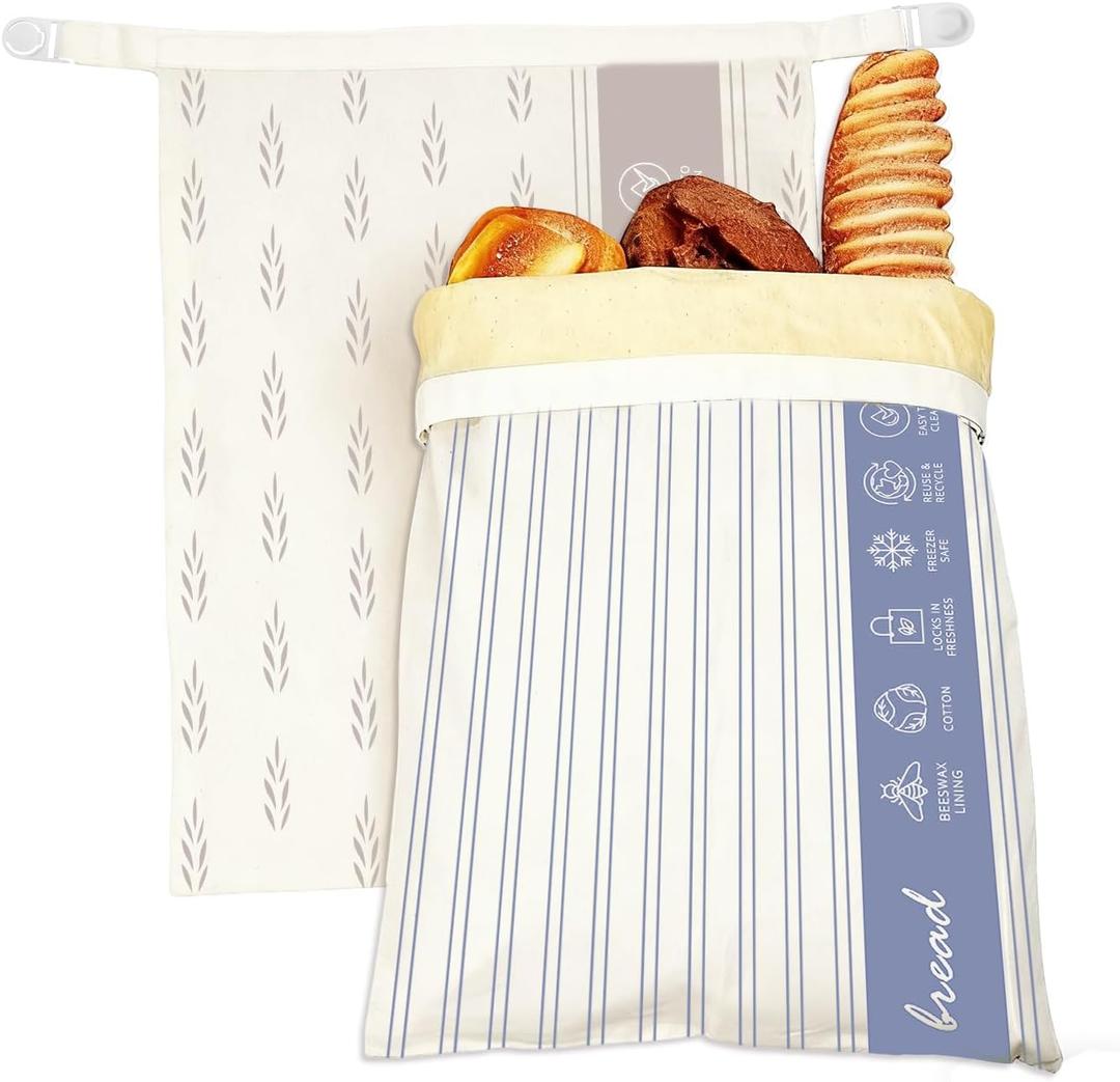 2 Pack Reusable Beeswax Bread Bags for Sourdough & Homemade Bread, Cotton Waxed Bags Keeps Fresh Longer XL Food Storage Bags with Beeswax Lining, Freezer Safe, Baking Supplies for Sourdough