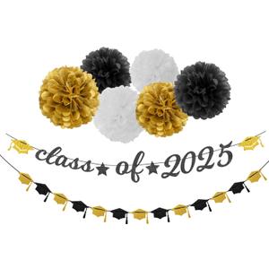 Black-White Gold Party-Decorations Graduation Banner - 8pcs Kits Class of 2025 Cap Garland Streamers, Paper Tissue Pom Poms Flowers, Congratulations Grad Decor Lasting Surprise