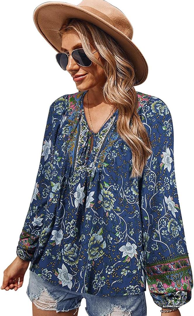 KAYWIDE Women's Casual Boho V Neck Top Loose Floral Printed Long Sleeve Beach Shirts Blouses (X-Large)