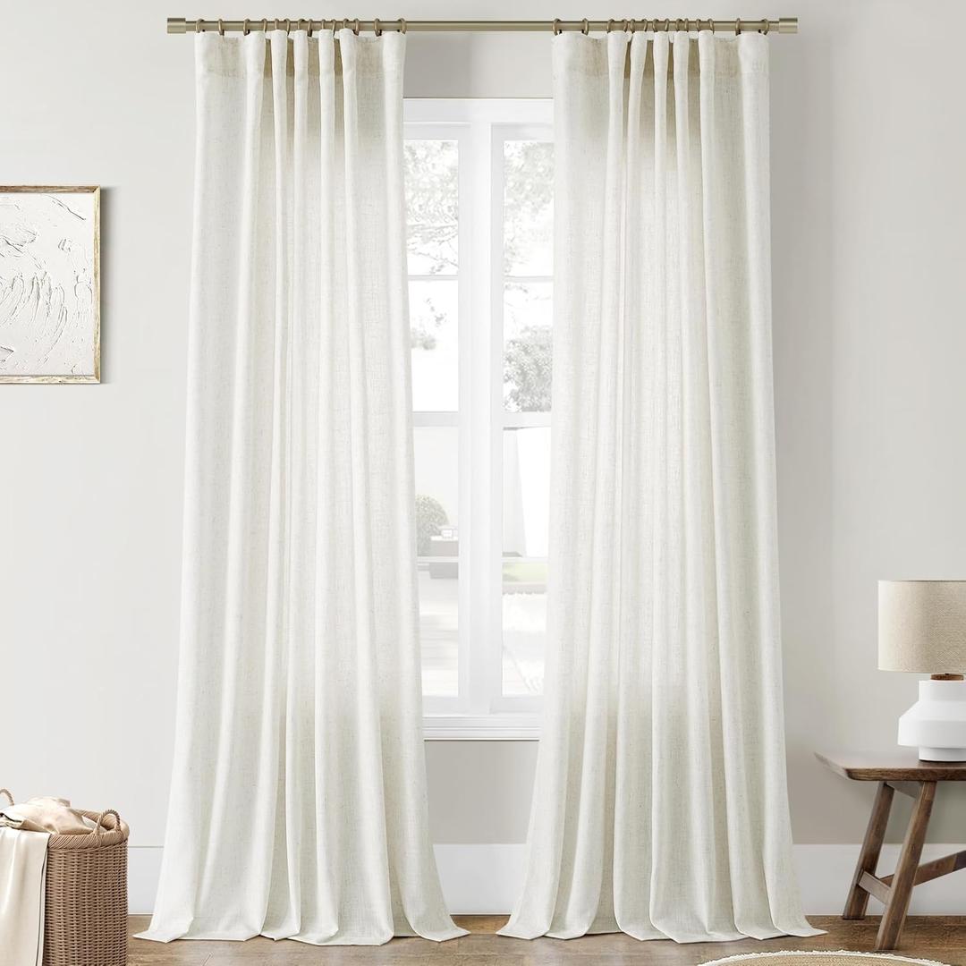 Joywell Natural Linen Cream Sheer Curtains 84 Inches Long for Living Room Bedroom Hook Belt Back Tab Pinch Pleated Light Filtering Ivory White Neutral Boho Modern Farmhouse Linen Drapes 2 Panels