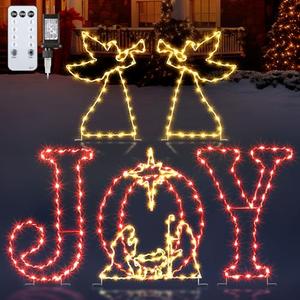 5 Pcs 51'' Christmas Joy Nativity Angel Lights Decorations for Yard, Religious Scenes Window Silhouette with 8 Modes and Timer, Remote Control Xmas Garden Decor with Stake for Home Lawn Pathway(Red)