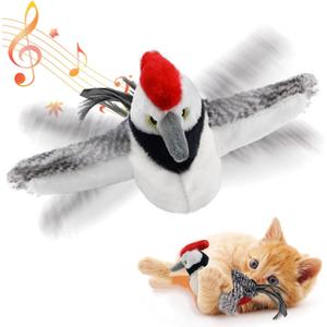 Cat Toys, Flapping Wings Woodpecker, No Flying, Chirping Bird Interactive Catnip Toy for Kitten or Small Dogs, Touch Activated, Rechargeable