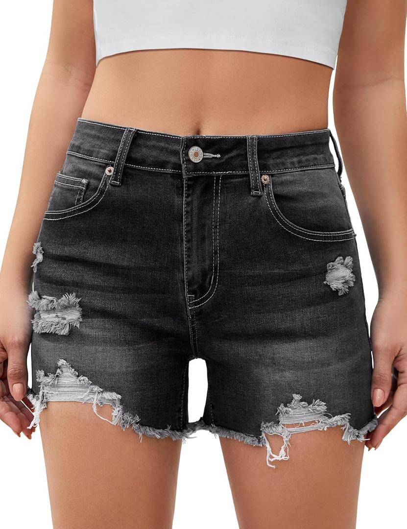 luvamia Jean Shorts for Women High Waisted Trendy Summer Casual Ripped Cutoff Stretchy Distressed Denim Shorts Jorts (Medium, Faded Black)