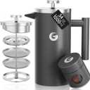 Coffee Gator 304 Grade Stainless Steel French Press Coffee Maker 34 oz, Double Wall Insulated Hot Cold Brew Teapot with 4-Level Filtration System, Include Travel Jar Canister, Kitchen, Gray