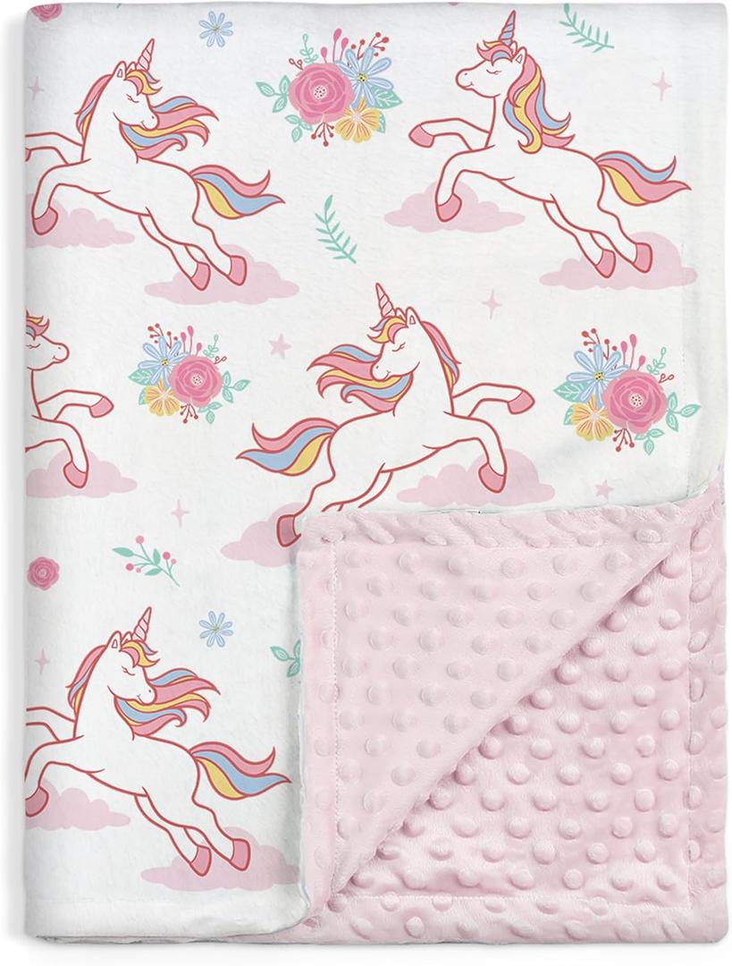 SANDJEST Unicorn Kid Blankets for Girls 30 x 40 - Throw Minky Blanket with Double Layer Dotted Backing - Gifts for Birthday