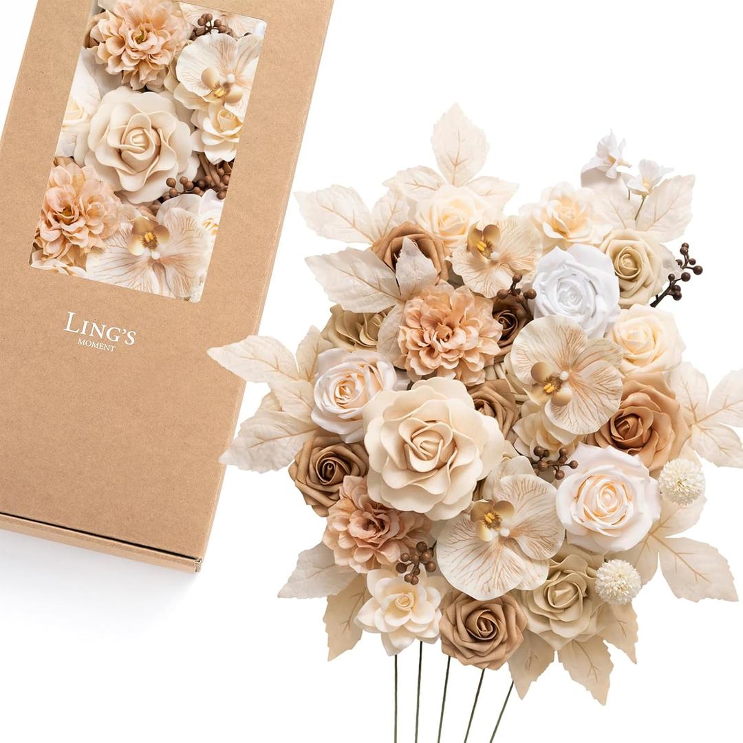 Ling's moment Fake Flowers Box, Faux Artificial Greenery Stems Foam Roses Gardenias Silk Orchids Fabic Flower for Centerpieces Bouquet Wedding Vase Floral Decorations, Tawny Beige, Deluxe Combo