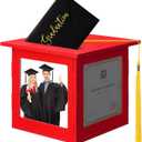 2025 Wooden Graduation Card Box Holder for Party with Picture Frame Graduation Cap Shaped Gift Card Box Decorations with Tassel for Grad College Party Favors(Red)