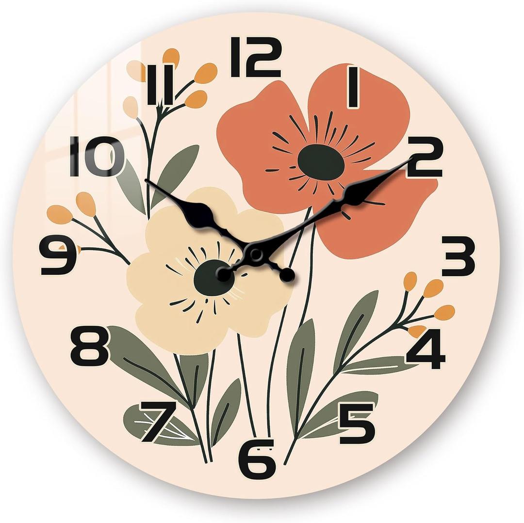 Farmhouse Wall Clocks for Kitchen - Wooden Wall Clocks Battery Operated 12 Inch - Vintage Flowers Wall Clocks Silent Non Ticking for Living Room Bedroom Home Decor (Boho Orange 3)