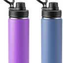 2 Pack 18 oz Water Bottle Stainless Steel Vacuum Insulated Wide Mouth Sports Water Bottle Flask with Leakproof Spout Lid (Royal Blue-Purple)
