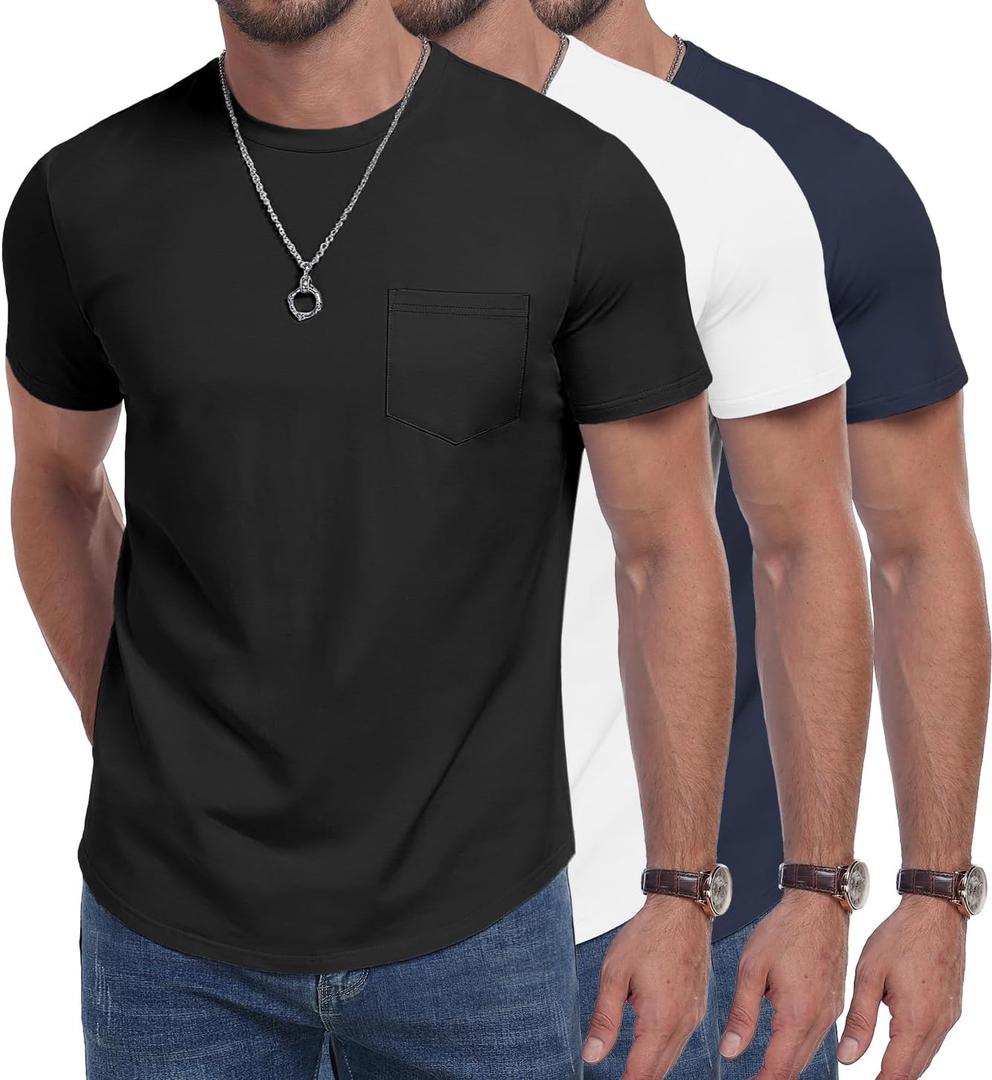 DOWMQ 3 Pack Mens Cotton T Shirts Short Sleeve Crewneck Shirts for Men Pocket Tshirts Casual Lightweight Summer Basic Tees 3 Pack Black White Navy Blue, L