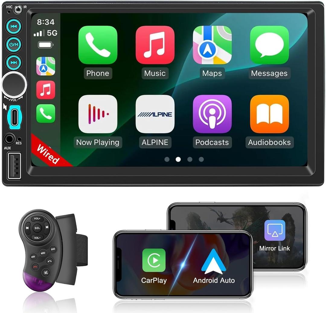 7" Wired Double Din Car Stereo Radio with Apple Carplay & Android Auto, Double Din Radio Support Bluetooth, SWC, FM, Mirror Link, Type-C, HD Touchscreen, Aux Input Car Audio Receivers