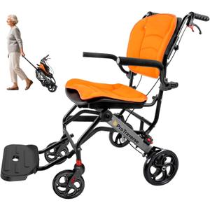 Wheelchairs for Adults,Transport Wheelchair Lightweight Foldable with Removable Cushion,Transport Chair,Ergonimic Travel Wheelchair with Telescopic Handle,Orange