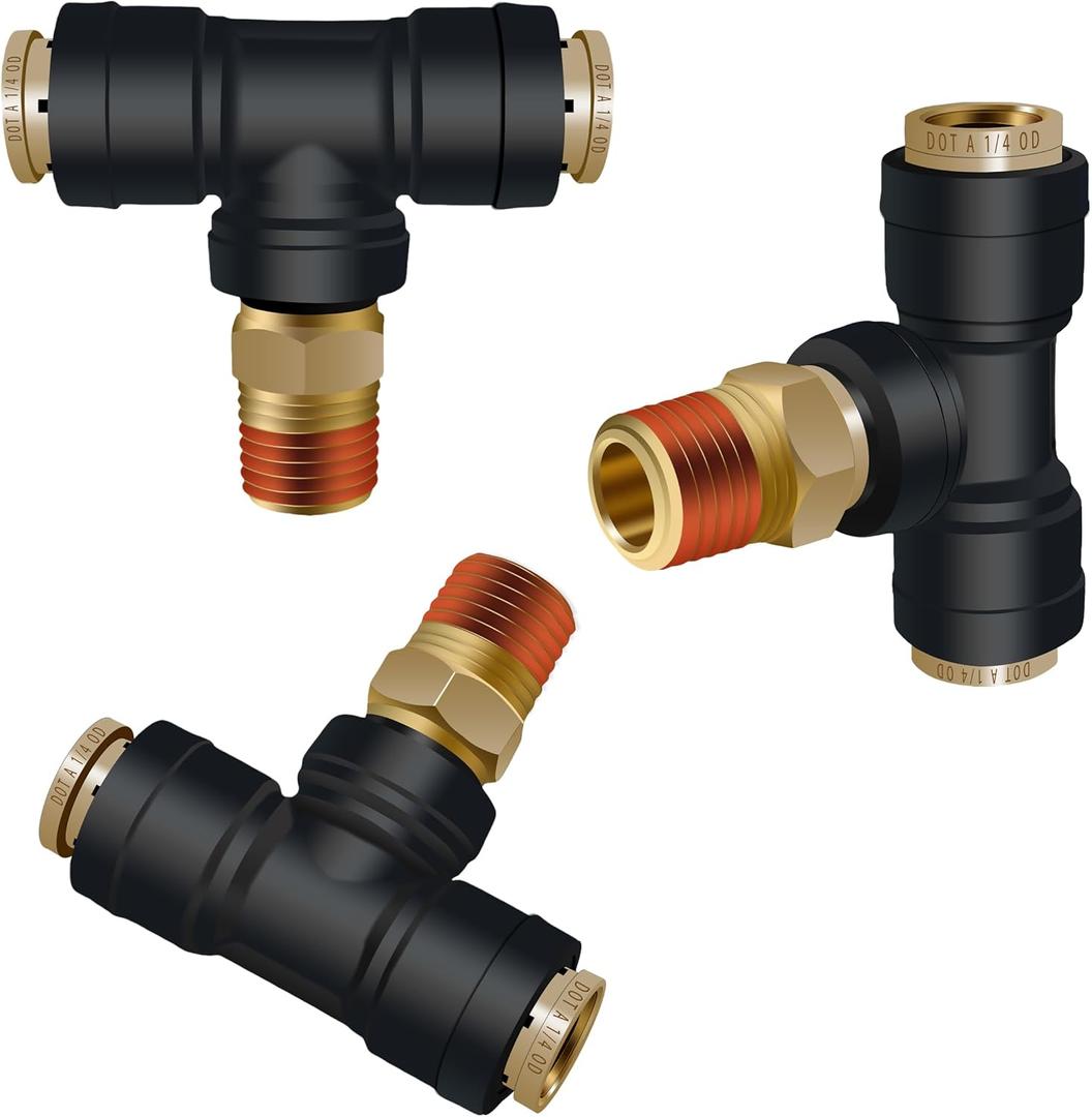 1/4" DOT Air Line Quick Connect Tee Fittings 3PCS, 1/4" Tube OD 1/4" NPT Thread Tee Union PTC/PTCR & Brass Air Brake Push-To-Connect Fittings for Truck Trailers and Air Brake System