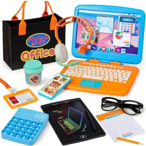 Pretend Play Home Office Set for Kids  Toy Laptop Computer, LCD Writing Tablet, Pop Fidget Calculator, Phone, Headset, Glasses, Coffee Cup & Handbag, Birthday Gifts for Boys Girls Age 3-5-7