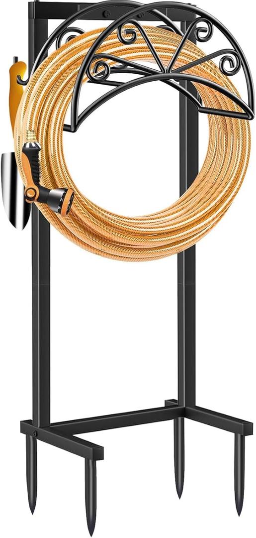 TomCare Garden Hose Holder Heavy Duty Water Hose Holder Holds 160 FT Hose 4 Spikes Hose Reel with 2 Tool Hooks Freestanding Hose Hanger Sturdy Hose Storage Stand for Outside Yard Lawn, Black