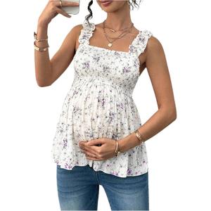 SweatyRocks Women's Maternity Tank Tops Floral Babydoll Top Square Neck Smocked Peplum Blouse Shirts, XL