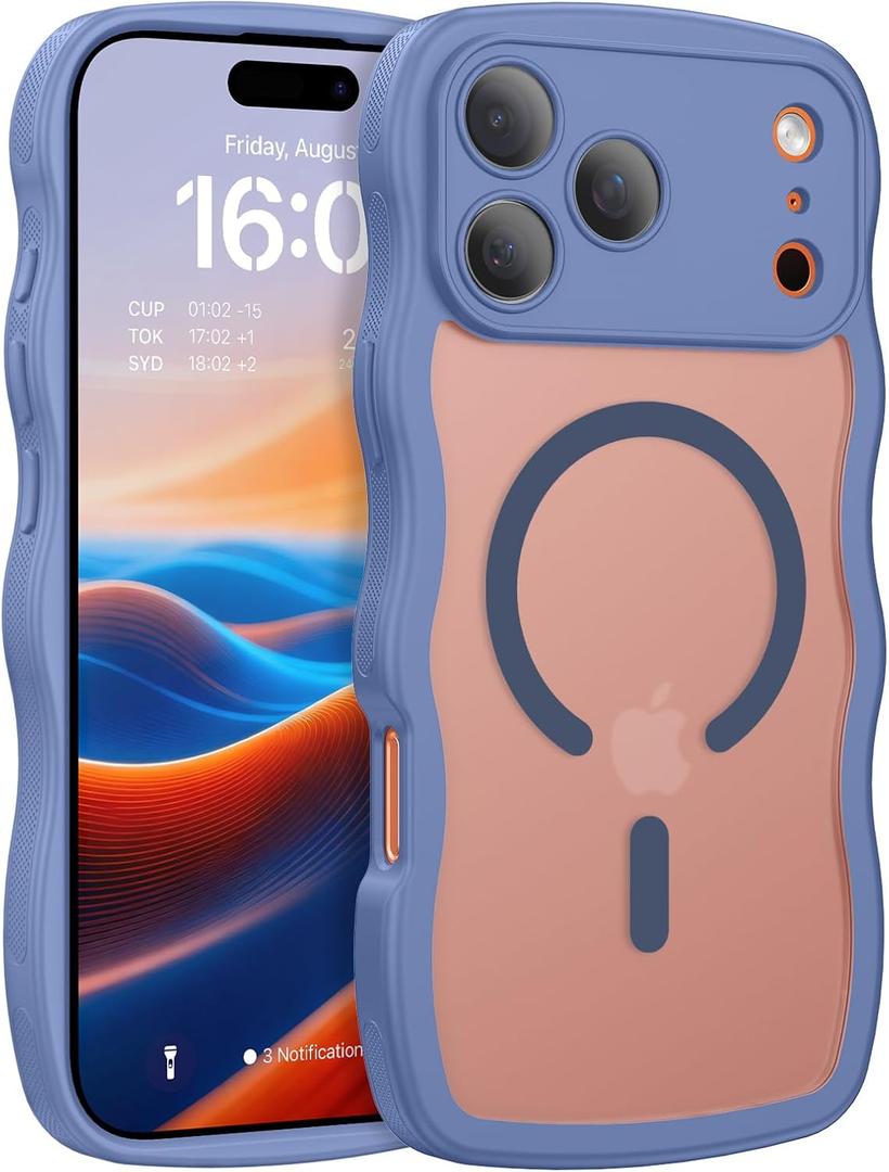 BENTOBEN Magnetic for iPhone 17 Pro Max Case, Cute Wavy [Full Camera Protection][Compatible with MagSafe] Matte Anti-Slip Bumper Women Men Boys Protective Cover for 17 ProMax 6.9", Blue