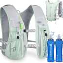 BECOJADDE Running Vest Hydration Backpack with Two 500ML Soft Water Bottles for Men Women, 5L Lightweight Running Pack Hydration for Marathon, Trail, Cycling, Hiking, Jogging Green