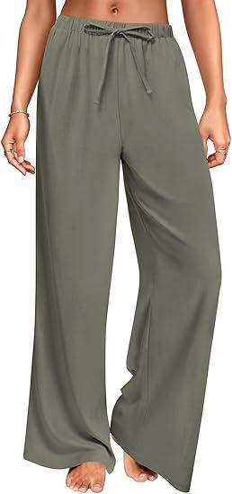 DLOODA Wide Leg Linen Pants for Women, Loose Flowy Palazzo Pants with Pockets Drawstring Trousers Summer Beach Vacation (Green, M)
