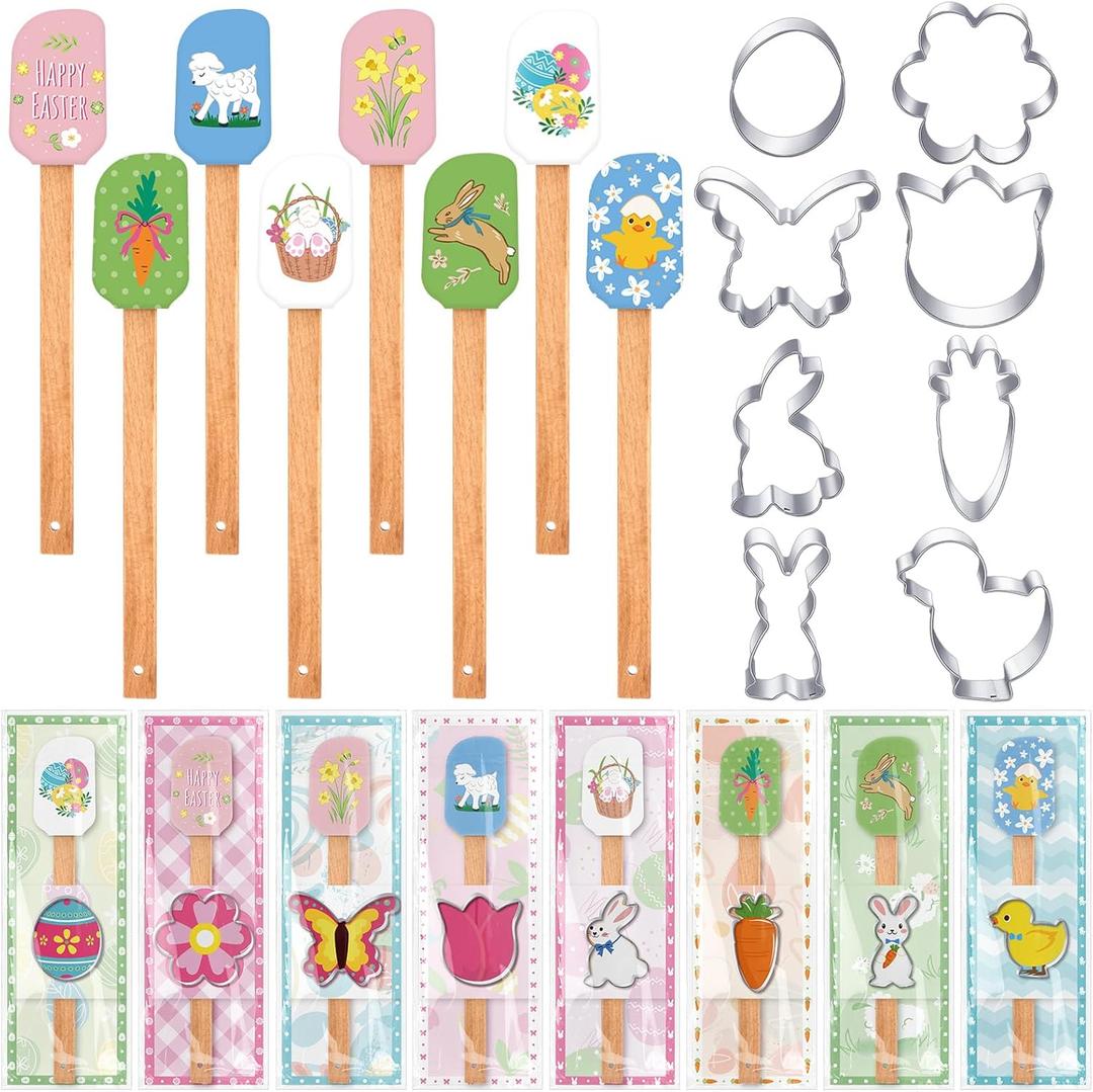 Remerry 8 Sets Easter Spatulas and Cookie Cutters Set Spring Baking Gift Stainless Steel Bunny Egg Chick Carrot Cookie Cutters Baking Spatula Greet Cards Cooking Gift for Easter Cake DIY Supplies