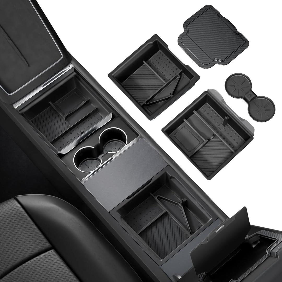 REEVAA Center Console Organizer for Tesla Model Y Juniper 2025-2026 (Premium & Performance), Model 3 Highland 2024-2026 All Trims [Dual-Tier Storage, Seamless Fit], Premium Silicone Liner, 4PCS, Black