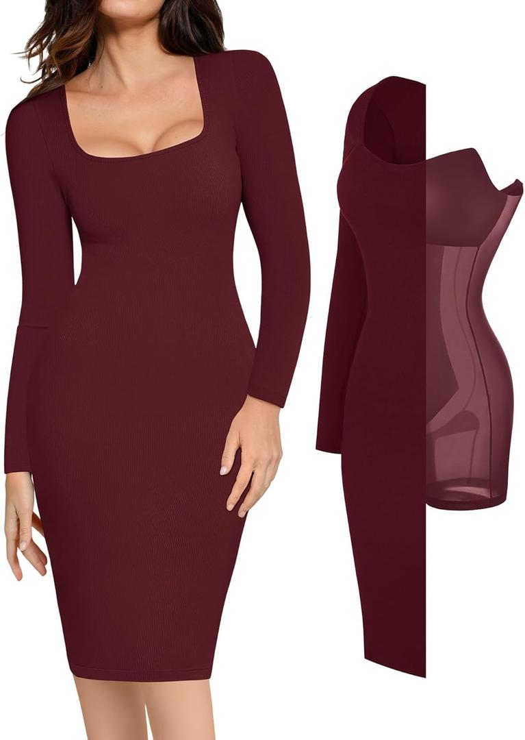 Popilush Long Sleeve Midi Dress Bodycon Party Dress Shapewear Tummy Control Cocktail Dresses Built-in Bra (Large, Nut Red Midi Dress)