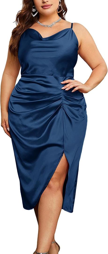 KIMCURVY Women's Plus Size Satin Dress Ruched Spaghetti Strap Cowl Neck Midi Party Cami Dress for Cocktail Party (Navy Blue) 14W