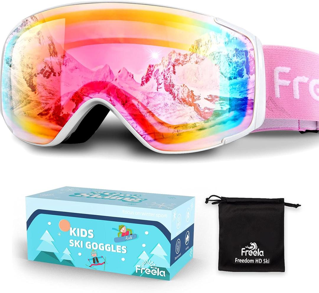 Freela Kids Ski Snowboard Goggles for Toddler(3-14) Youth Anti Fog Anti UV Goggles Girls Boys Snow Skiing Equipment (Revo Pink 60%vlt)