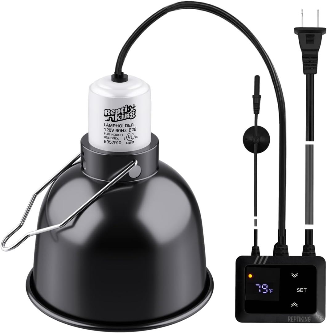 Reptile Heat Lamp Fixture with Dimming Thermostat - 5.5'' Light Dome with PID Thermostat, for Ceramic Heat Emitter & Basking Light Bulb, for Bearded Dragon, Snake, Tortoise, Lizard Tank Accessories