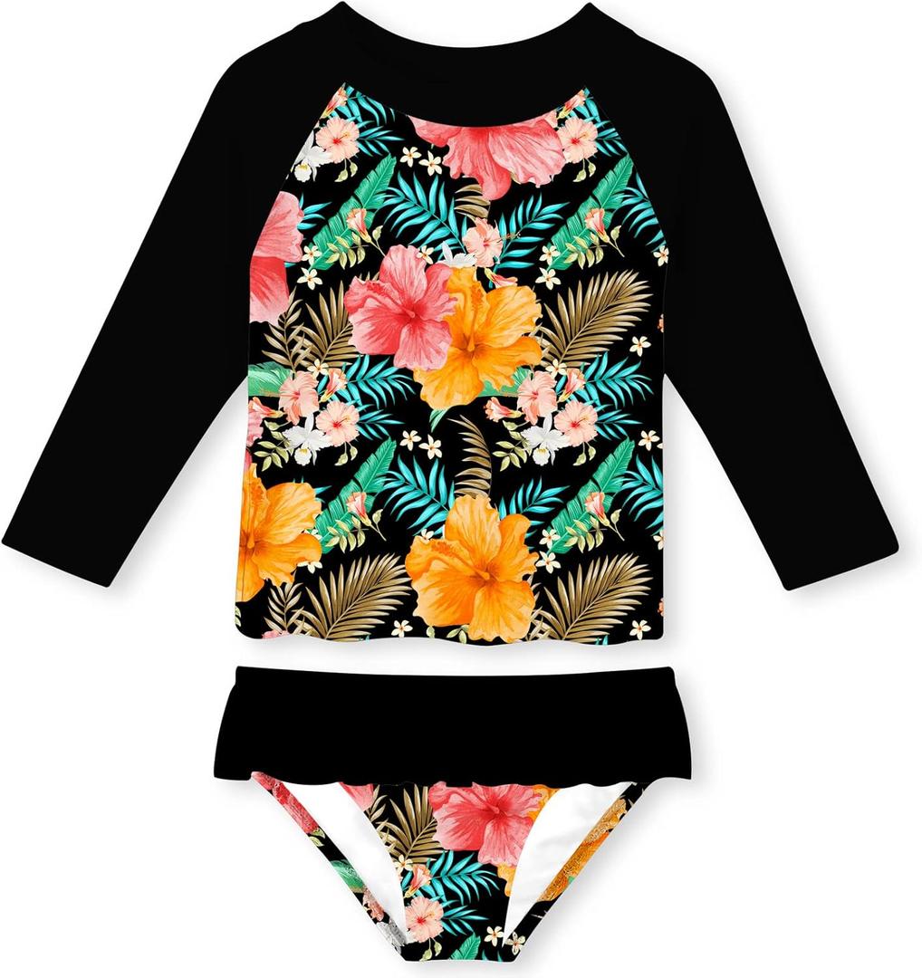 Funnycokid Girls Rash Guard Swimsuit Set Long Sleeve Bathing Suit Two Piece 2-10 Years (7-8 Years, Floral Black 01)