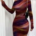 Women's Sexy Off The Shoulder Bodycon Mini Dress Tie Dye Long Sleeve Ruched Asymmetrical Club Dresses