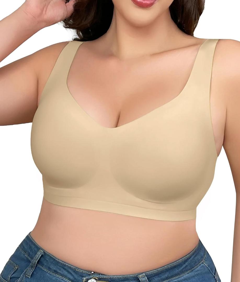 SHAPERX Bras for Women No Underwire Seamless Oversized Everyday Bra Comfort Wireless Padded Soft Support Bralette (Large, Beige)