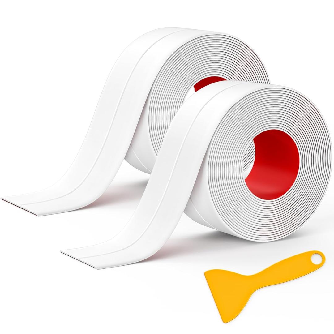 Mokani Caulk Tape Waterproof Self Adhesive, 2 Rolls White Caulking Sealant Strip for Kitchen, Countertop, Bathroom, Sink, Bathtub, Toilet, Floor Wall Edge Protector with Sealing Tool (1.5" x 10.5Ft)