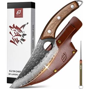 Emojoy Damascus Chef Knife, 67-Layer Damascus Steel Kitchen Knife with Black Hammered Finish, Japanese Knives for Home, Outdoor Cooking, BBQ, Include Gift Box, 6.3 Inch