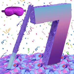 Purple Birthday Party Decorations, 15.7 Purple Number 7 Pinata with Stick Blindfold Confetti for Girls Boys 7th Birthday Activity Game Gift