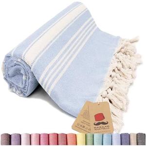 Bazaar Anatolia Turkish Beach Towel – 100% Cotton, Quick Dry, Sand Free Towel for Bathroom, Travel, Camping – Oversized 71x39 Inches – Stripe Light Blue