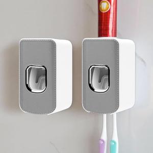 2 Slot Toothbrush Holder and Toothpaste Dispenser Wall Mounted, Automatic Toothpaste Squeezer, 2 in 1 Tooth Brush Toothpaste Organizer for Shower (Grey 2Pack)
