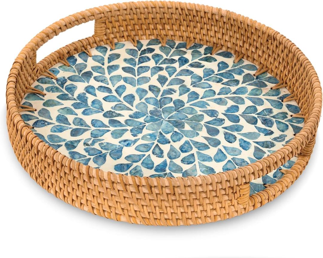 Round Rattan Tray with Handle, Rattan Serving Tray with Mother of Pearl Inlay Wooden Base, Decorative Wicker Basket for Table Decor (Blue Leaves)