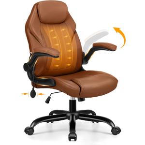 Office Desk Chair, Ergonomic Computer Chair with Padded Flip-Up Arms and Adjustable Lumbar Support, PU Leather Executive Chair with Tilt Lock and 360 Swivel Rolling Wheels for Work, Study (Brown)