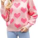 Heart Sweater for Women Valentines Cute Print Crewneck Long Sleeve Oversized Love Sweaters Knit Pullover Tops (X-Large, Dark Pink)