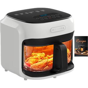 BOSWELL Glass Air Fryer, 7.5QT with Transparent Fry Bowl, Circulating Heating, Temperature Control, Air Fryer Roast, Dishwasher Safe (white)