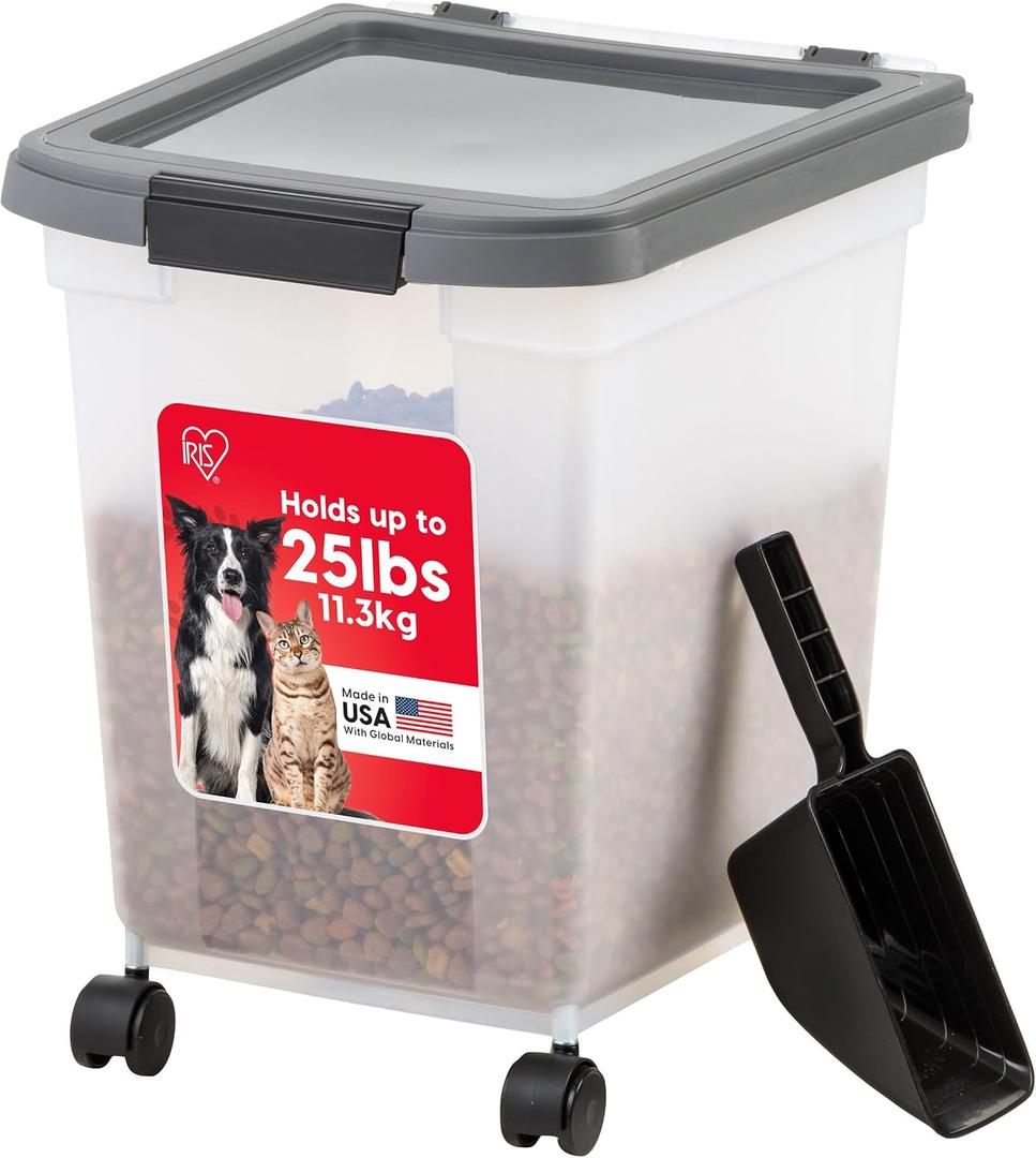 IRIS USA Airtight Dog Food Storage Container 25 lbs, Removable Wheels, for Dog Cat Bird and Other Pets, Food Storage Bin, Keep Fresh, Made in USA, Clear/Dark Gray