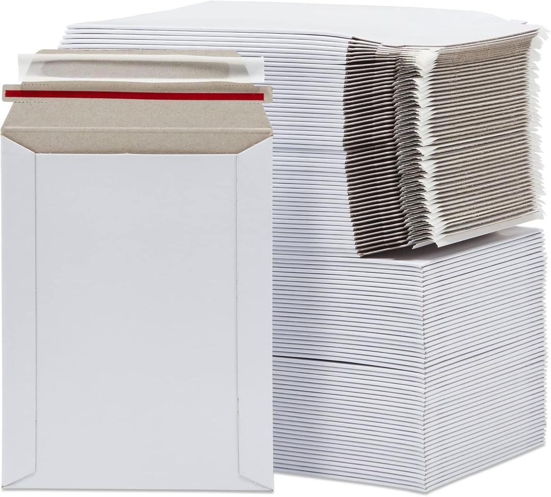 100 Pack 6x8 Rigid Mailers - 550 GSM Thick Self Adhesive Stay Flat Cardboard Envelopes for Shipping Photos, Documents, Collectible Trading Cards (White)
